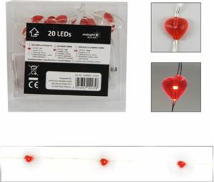 Řetěz na baterie 20 LED červená srdce na drátku vnitřní použití
