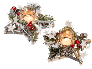 Svícen ve tvaru vánoční hvězdy z proutků s vánoční dekorací 18 x 9,5 cm