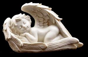 Sedící a spící andělíček v křídlech 16x9x7 cm levý, bílý polyresin soška anděla